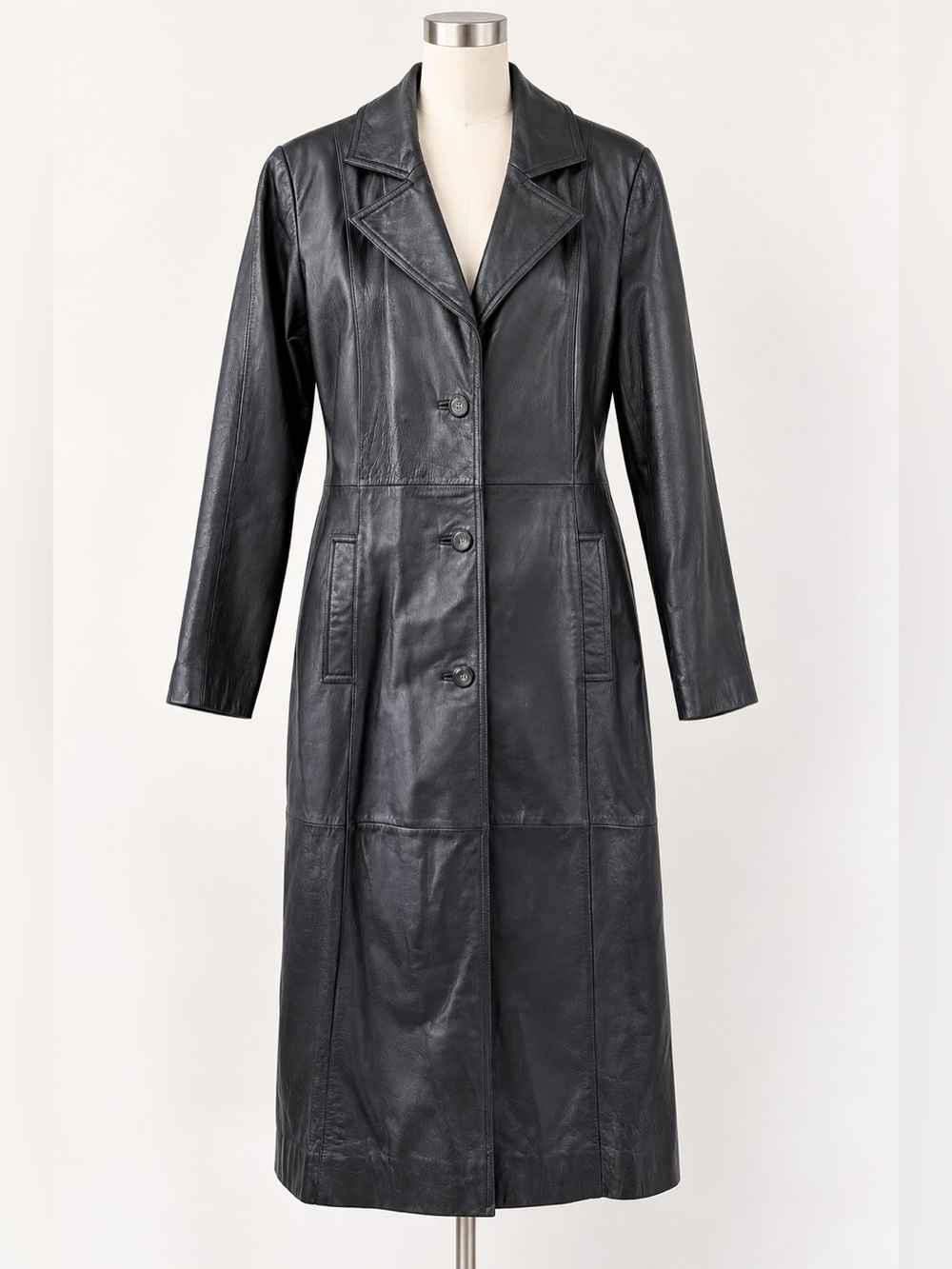 Vintage Winlit New York Women M Black Genuine Leather Long Trench Coat 80s 90s